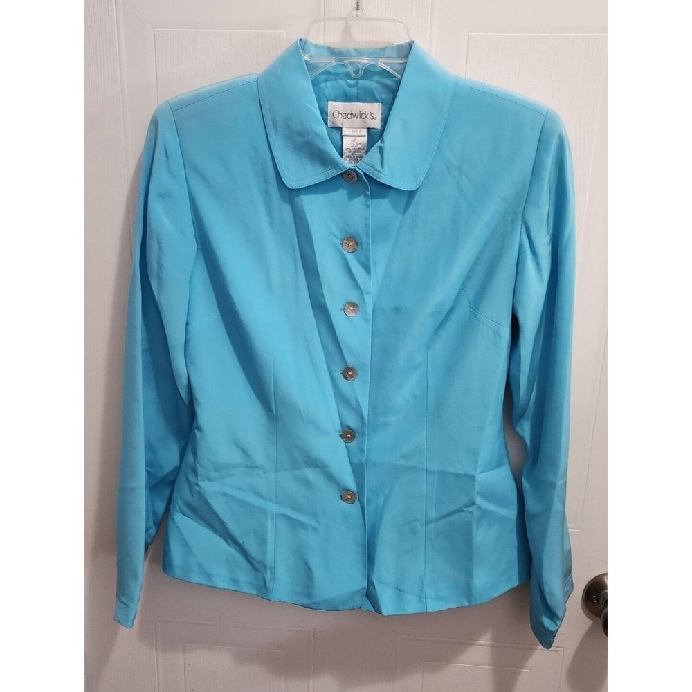 Chadwick's Women’s Button Up Blouse Top Long Sleeve Bright Blue 100% Silk Sz 4